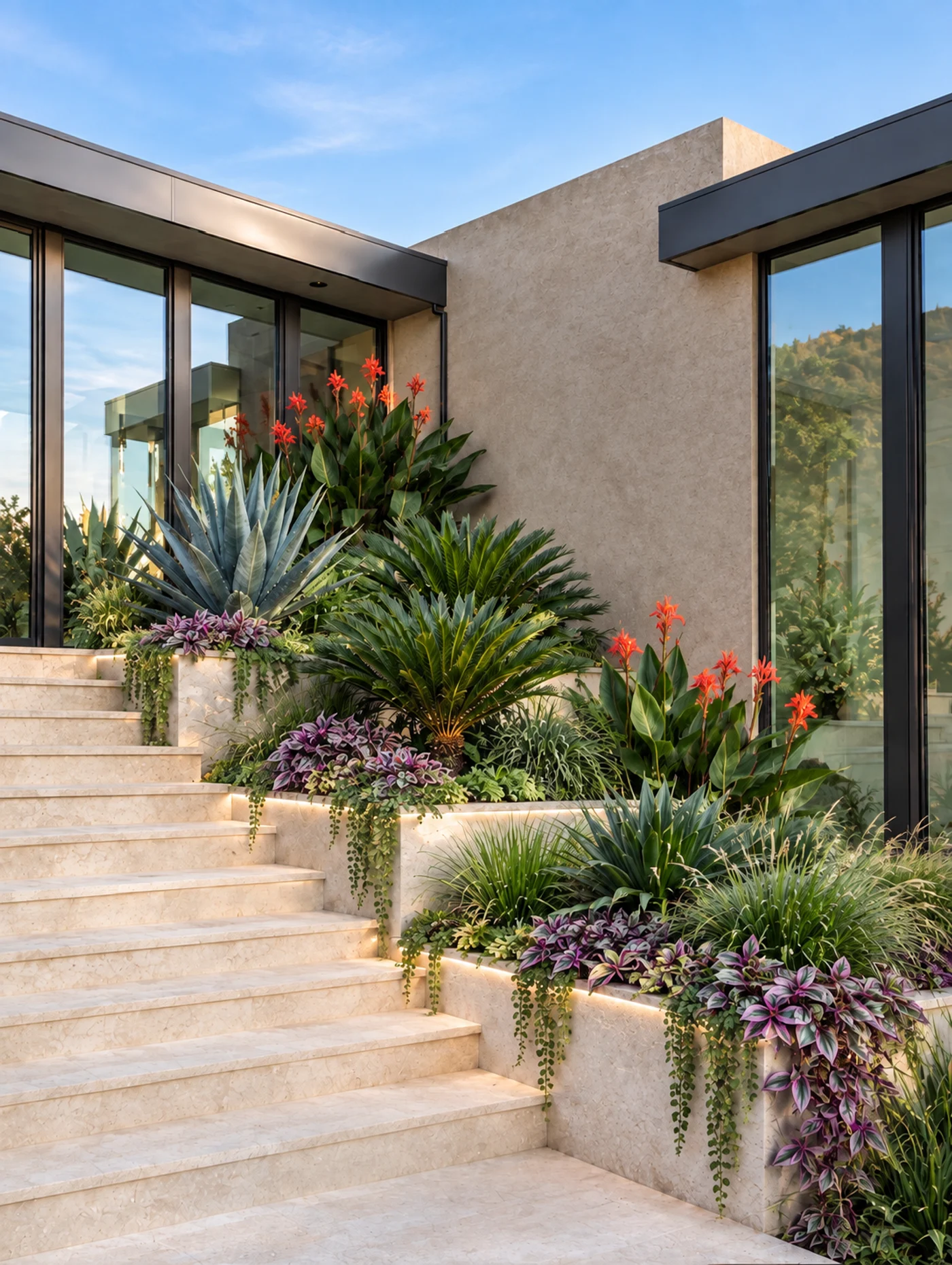 A garden design emerging from blueprint lines into pale stone steps, layered agave and architectural planting.
