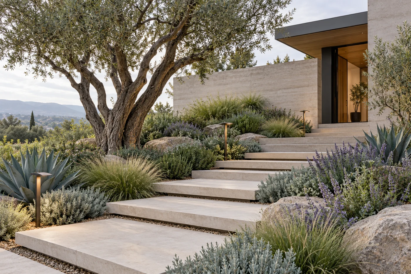 Concept garden entrance with stone paving, ornamental grasses, and an olive tree.