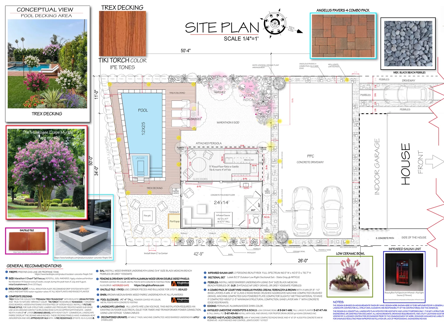 A redacted landscape site plan showing a pool, deck, garden planting, and material samples.