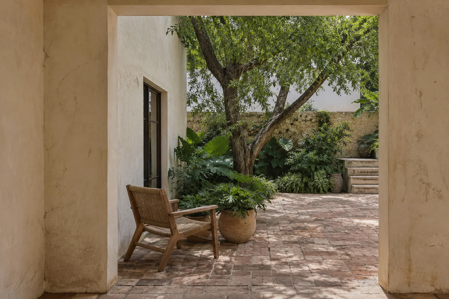 A timber chair and planting seen through a plaster doorway in a courtyard.