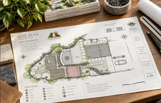 An illustrated landscape site plan on a timber desk beside sample stones, planting books, and a ruler.