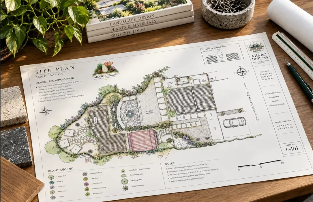 An illustrated landscape site plan on a timber desk beside sample stones, planting books, and a ruler.