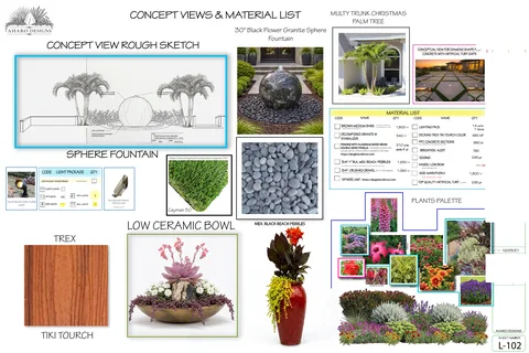 Boho Luxury Oasis concept views and material palette, including the sphere fountain, poolside planting, pebble finish, timber, and paving.