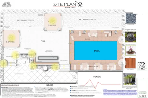 Overhead landscape site plan for the Boho Luxury Oasis in Studio City, showing the pool, timber deck, garden zones, paving, and planting layout.