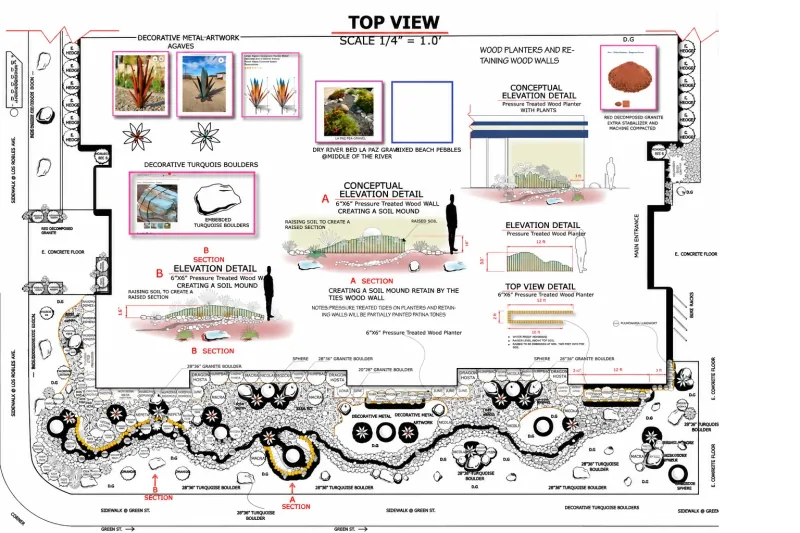 Landscape concept sheet with a top-view plan, elevations, material references, and planter details on a white drawing sheet.