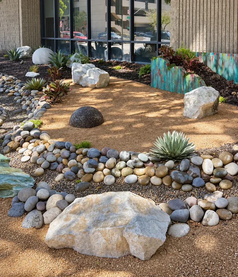 Bands of rounded river stones weave between boulders, spheres, and agave forms.