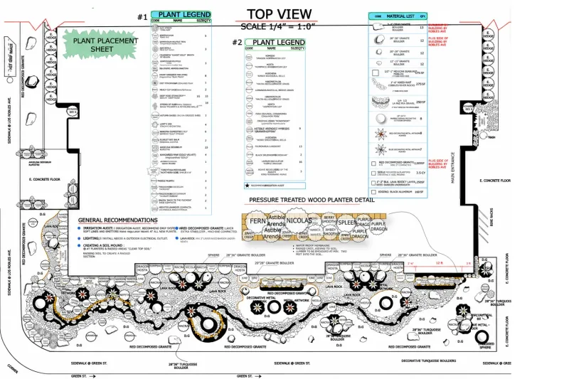 Top-view planting plan with plant legends, material quantities, and a planter detail on a white drawing sheet.