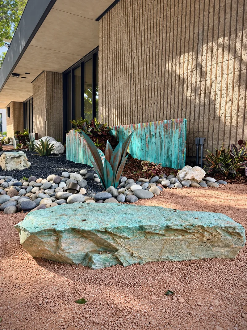 A metal agave shape stands beside a turquoise planter and a long foreground boulder.