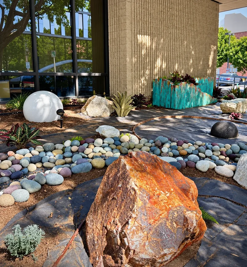 An orange and rust-colored foreground boulder with river stones, spheres, and turquoise planters beyond.