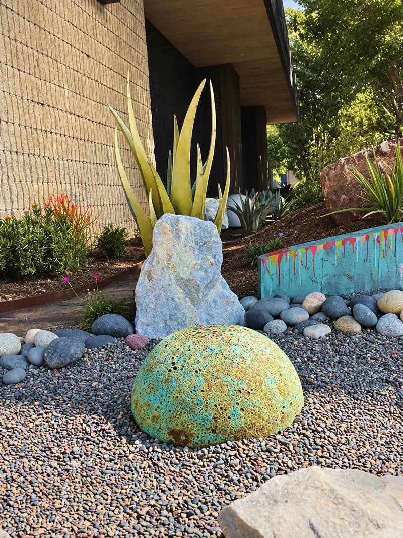 A yellow-green textured sphere in gravel beside a pale rock and turquoise planter edge.
