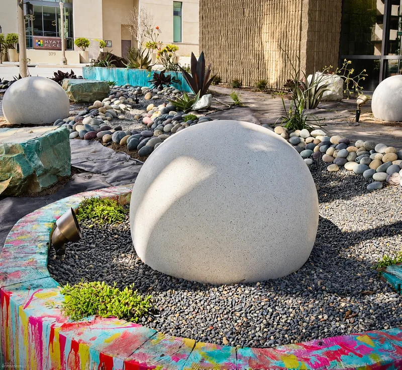 A large pale concrete sphere surrounded by gravel, low planting, and river stones.