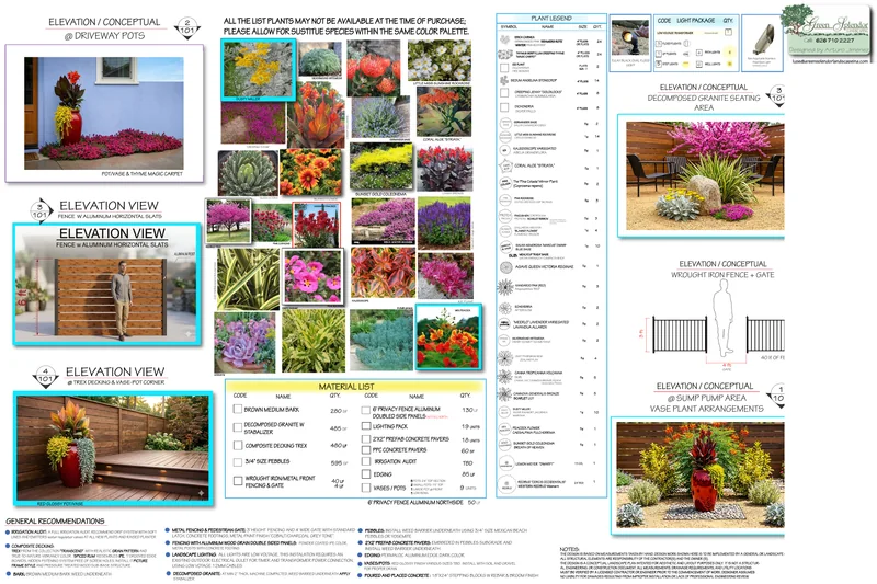 Redacted Altadena landscape plan sheet with a drought-tolerant plant legend, material schedule, and concept elevations.