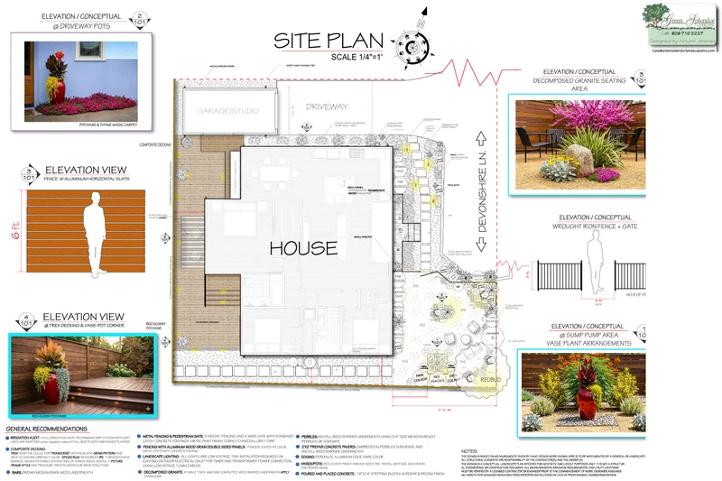Redacted landscape site plan for Micro Sanctuaries in Altadena, showing the home, front garden, and proposed backyard deck.