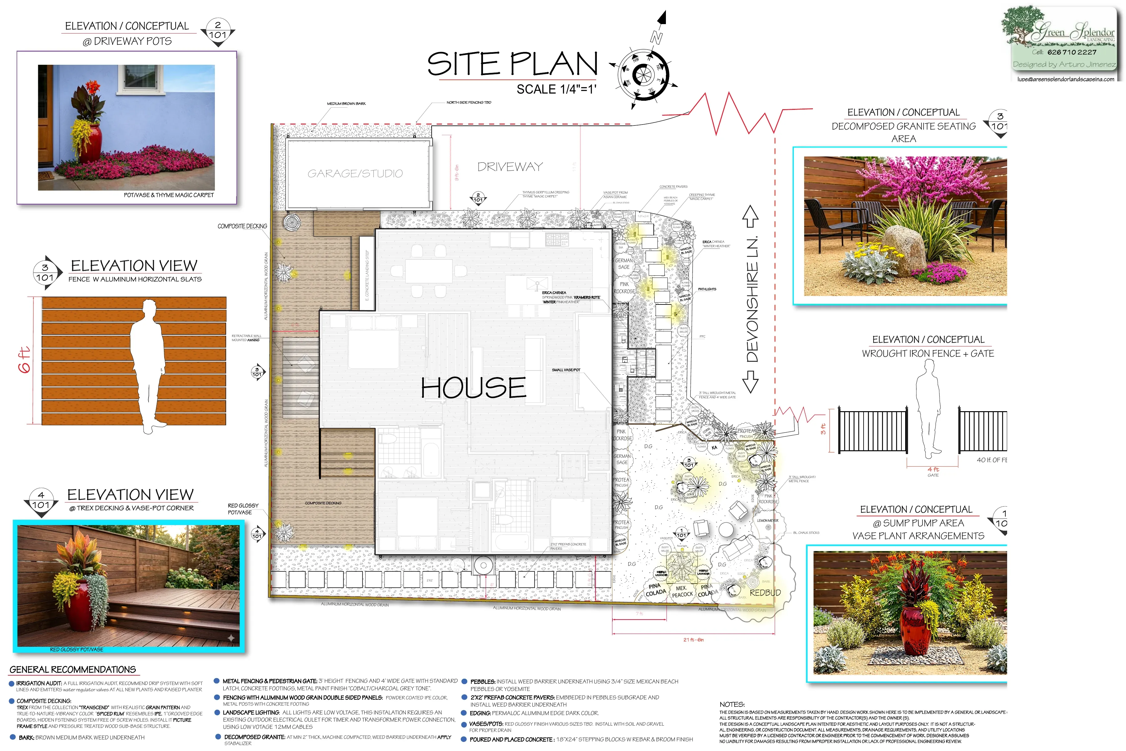 Redacted landscape site plan for Micro Sanctuaries in Altadena, showing the home, front garden, and proposed backyard deck.