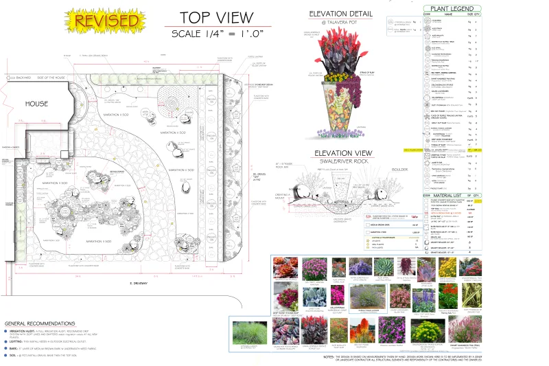 Revised Glendale landscape plan showing planting layout, Talavera vessel elevation, material list, and dry riverbed detail, with identifying information redacted.