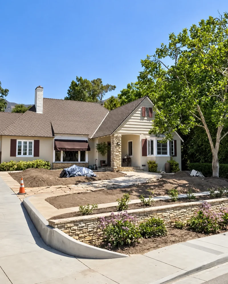 Front yard during landscape construction, with prepared soil, a low stone wall, driveway, and mature tree.