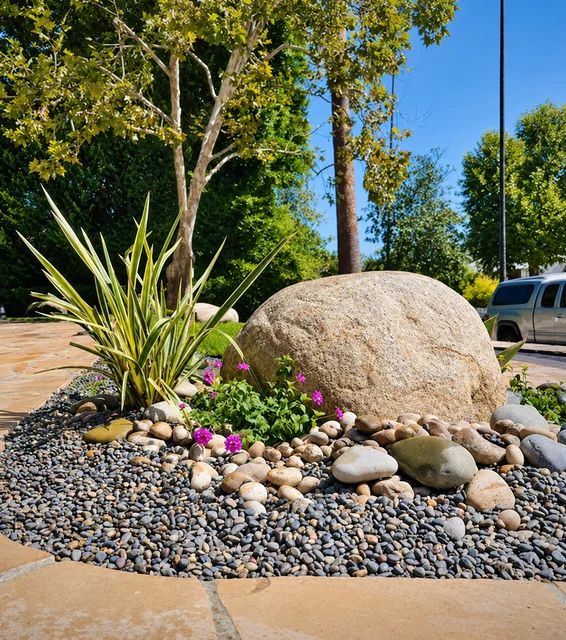 Large granite boulder and architectural succulent beside a dry riverbed of rounded stones.