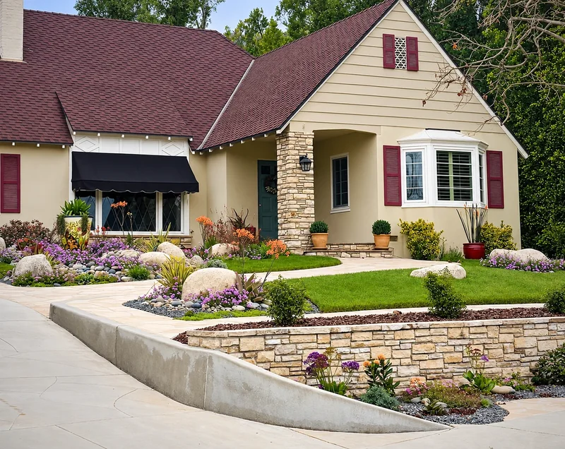 Completed front garden with a curved stone edge, lawn, flowering plants, boulders, and a dry riverbed.