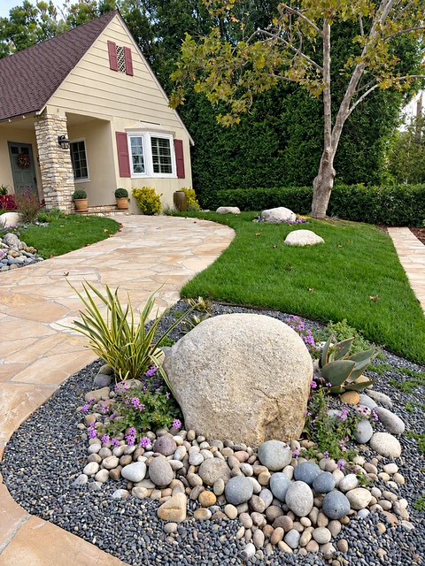 Sandstone path beside a large boulder, river stones, succulents, and a front lawn.