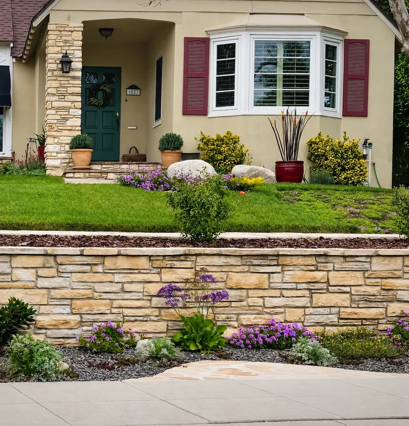 Front garden with a stone retaining wall, lawn, flowering plants, and drought-tolerant planting.