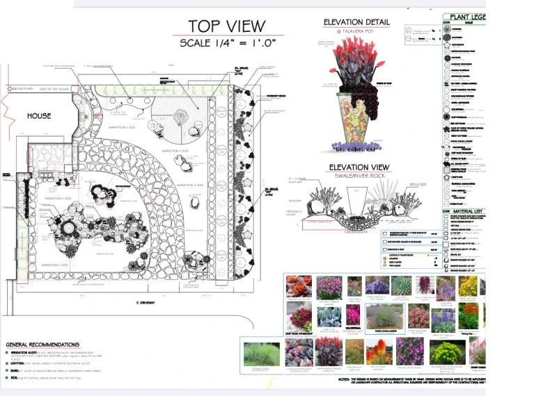 Landscape plan showing the planting layout, Talavera vessel elevation, material notes, and palette; identifying details are redacted.