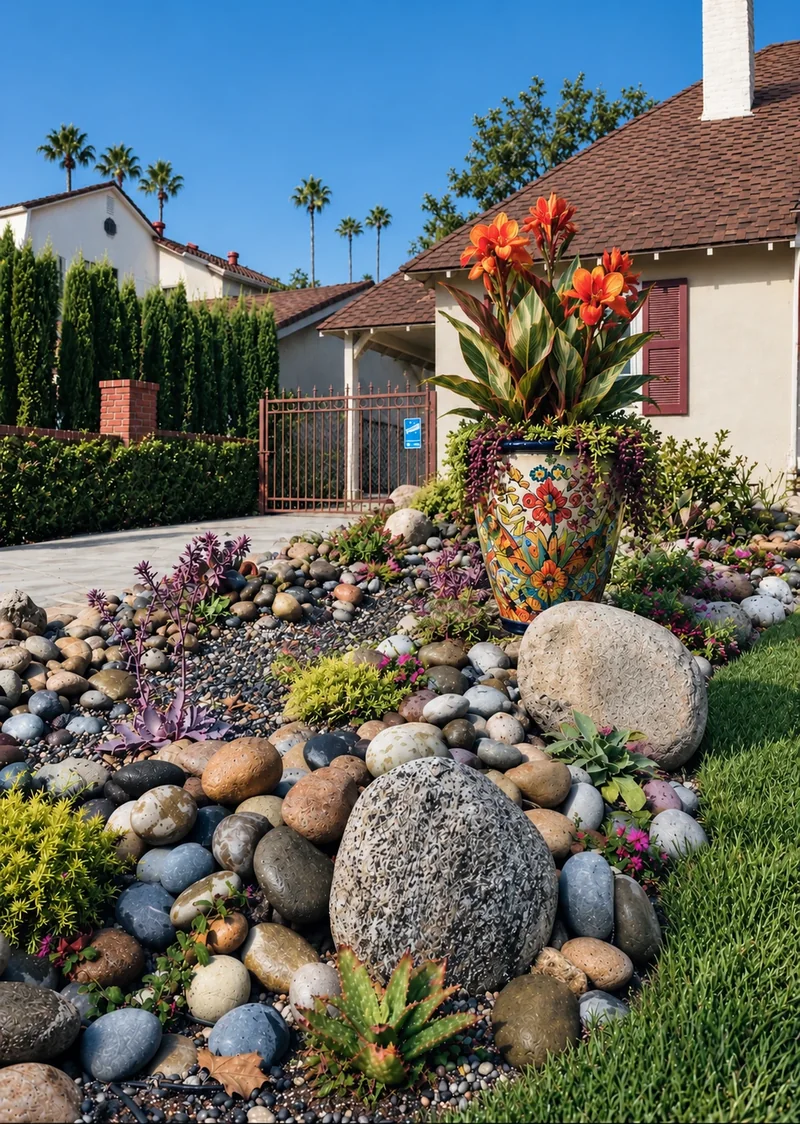 Hand-painted Talavera vase among boulders, river rock, succulents, and flowering plants in a drought-tolerant front garden.