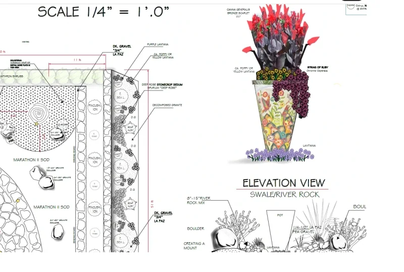 Landscape detail drawing of a Talavera vessel and dry riverbed section; identifying details are redacted.