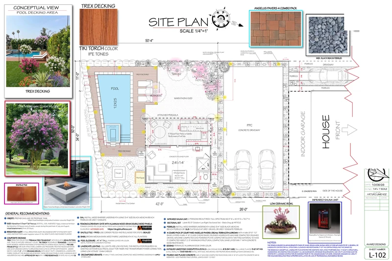 Redacted Altadena backyard landscape plan showing a pool and spa, raised pergola platform, outdoor kitchen, patios, and planting areas.
