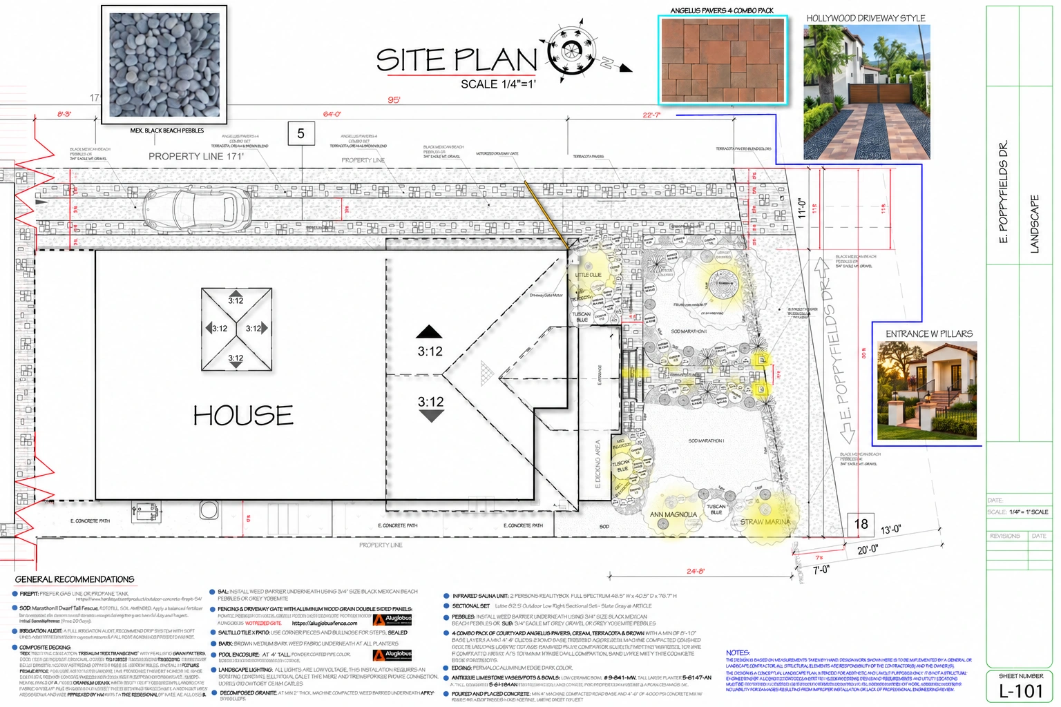 Redacted Spanish Horizon landscape site plan for an Altadena home, showing the entrance approach, driveway paving, and planting layout.