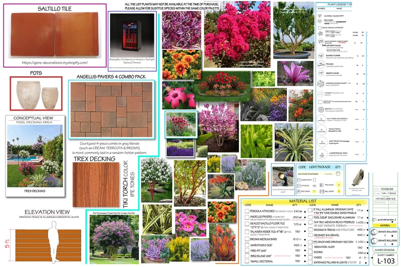 Redacted Spanish Horizon planting plan and plant legend with selected species and quantities, page one of two.