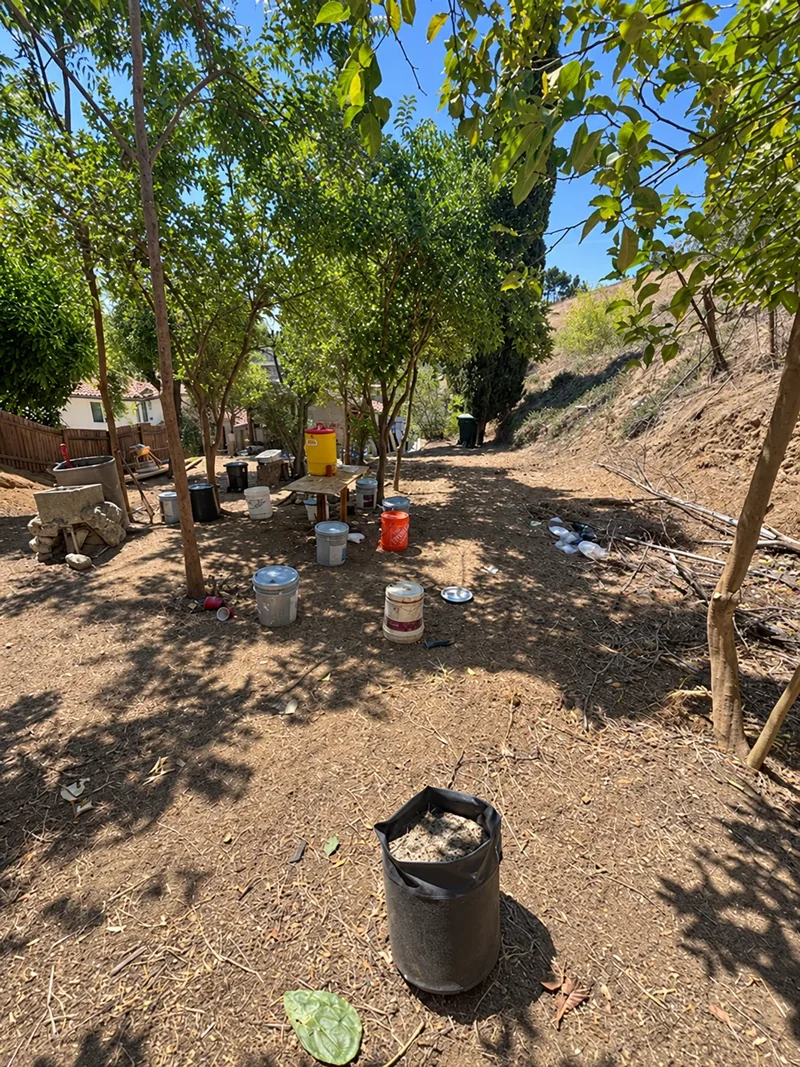 A second view of the backyard during landscape construction, with work still in progress.