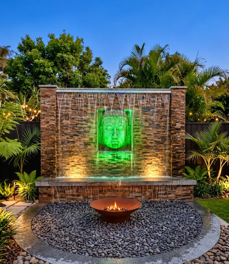 Concept rendering of a sculptural stone water wall with gentle water flow and integrated garden lighting.