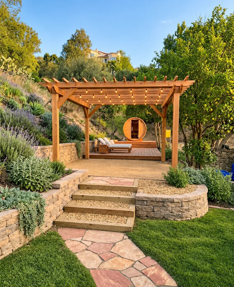 Concept rendering of a timber pergola above a stone garden path and planted terrace in an Eagle Rock backyard.