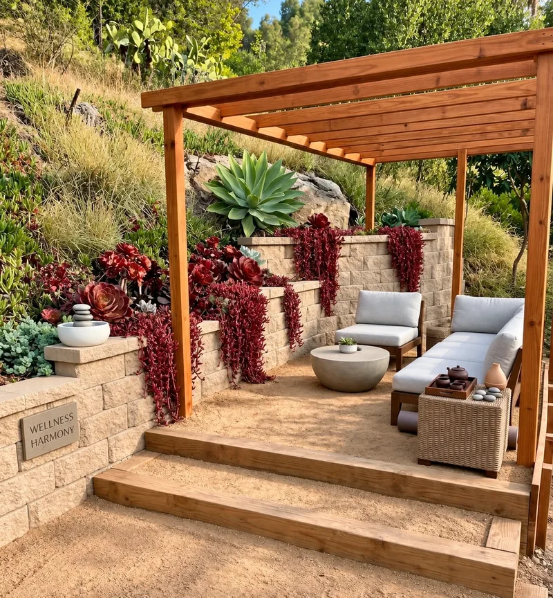Concept rendering of a modern rustic pergola lounge with garden stairs and layered planting.