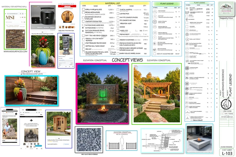 Redacted landscape plan with plant legend and concept views for a proposed outdoor wellness retreat.