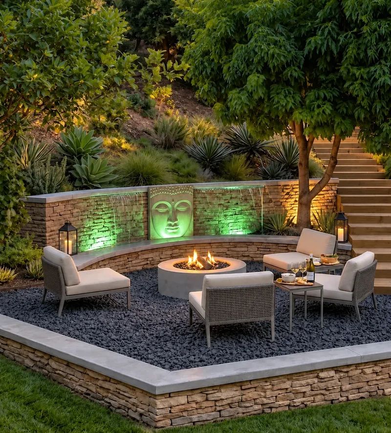 Concept rendering of a natural stone fire-pit lounge with a small, realistic flame and surrounding garden.
