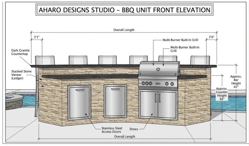 Front elevation drawing of the custom outdoor BBQ island with stone finish and built-in grill.