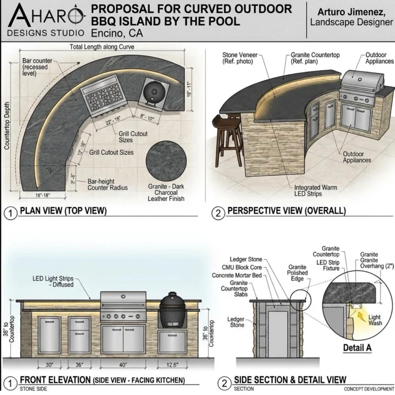 Landscape design sheet with a top view and perspective drawings of a curved outdoor BBQ island.