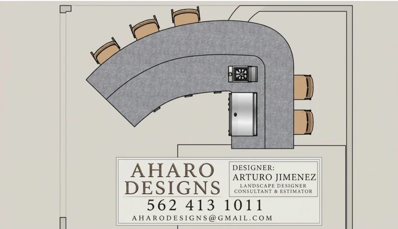 Top-view plan drawing of a curved outdoor BBQ island with counter and grill.