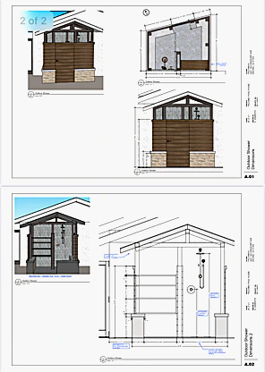 Color sketch of the outdoor shower enclosure with front and side views.