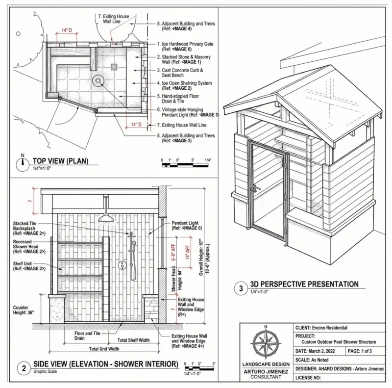 Landscape design sheet with a plan and elevation drawings of the outdoor shower enclosure.