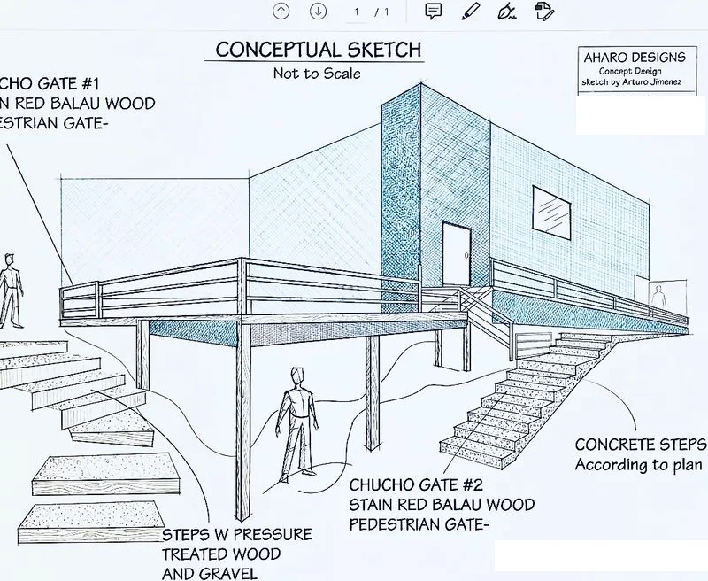 Conceptual drawing of a raised timber deck with railings, pedestrian gates, supporting posts, and concrete steps.