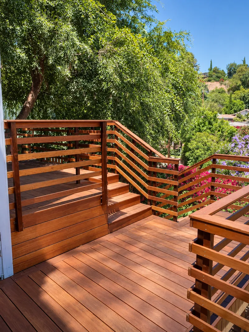 Timber deck around a mature tree, with an angular railing, blue house siding, and a garden view.