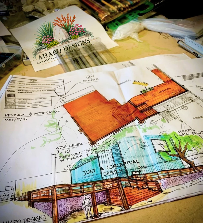Photograph of a hand-colored conceptual deck drawing showing timber terraces, railings, stairs, and the garden.