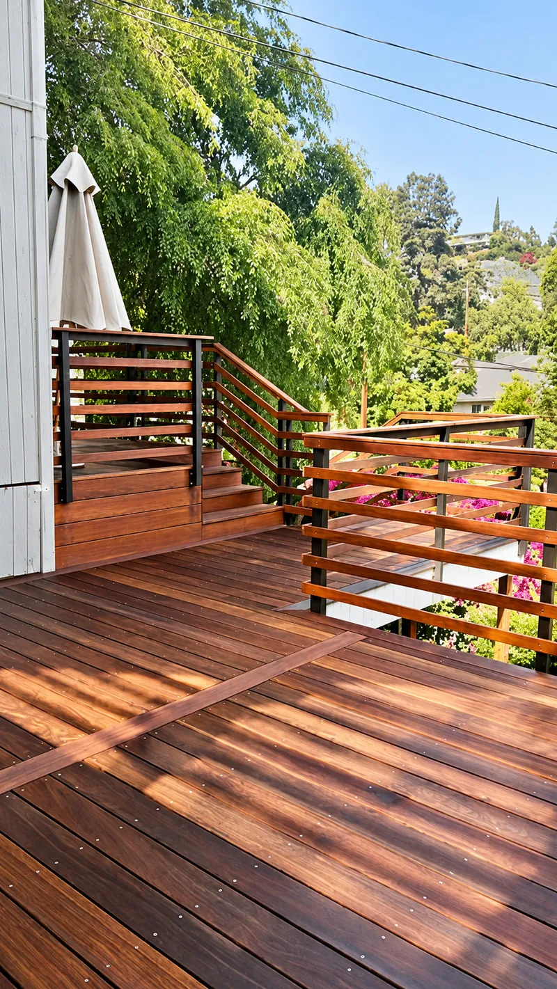 Timber stairs connect two deck levels beside dark posts and horizontal wood railings.