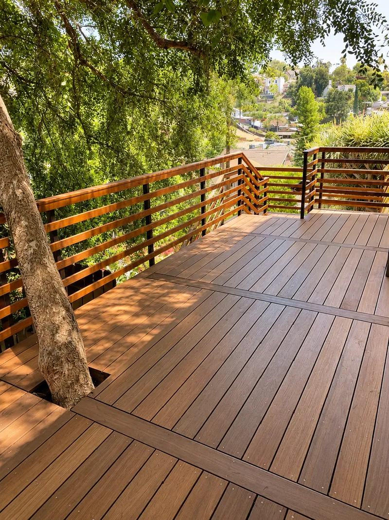 Timber deck built around a mature tree, with a wood railing and leafy canopy.