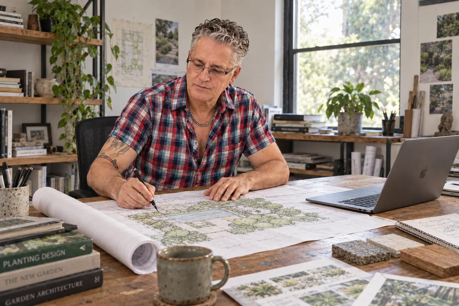 Arturo drawing a landscape plan at a timber desk.