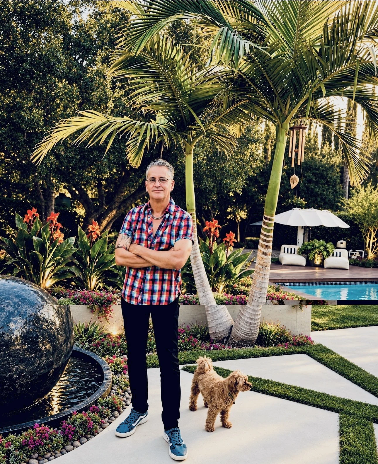 Arturo Jimenez standing beside palms, a garden fountain, and a small dog.